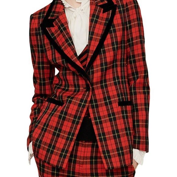 Maje blazer vanty plaid peak lapel red sz 40 academia preppy schoolgirl Scottish - Picture 4 of 13